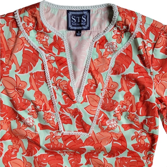 NWOT Sail to Sable Green Coral Red Floral with Monkeys Long Sleeve Tunic Dress - Picture 4 of 9